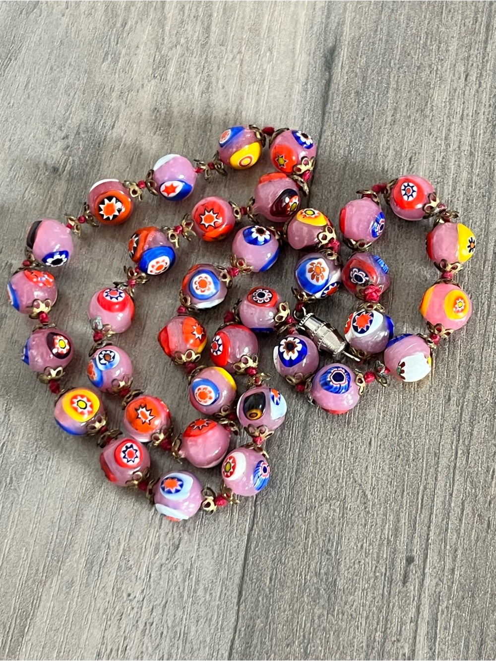 Vintage 1990s Murano Glass Millefiori Bead Necklace Pink Multicolor 18”